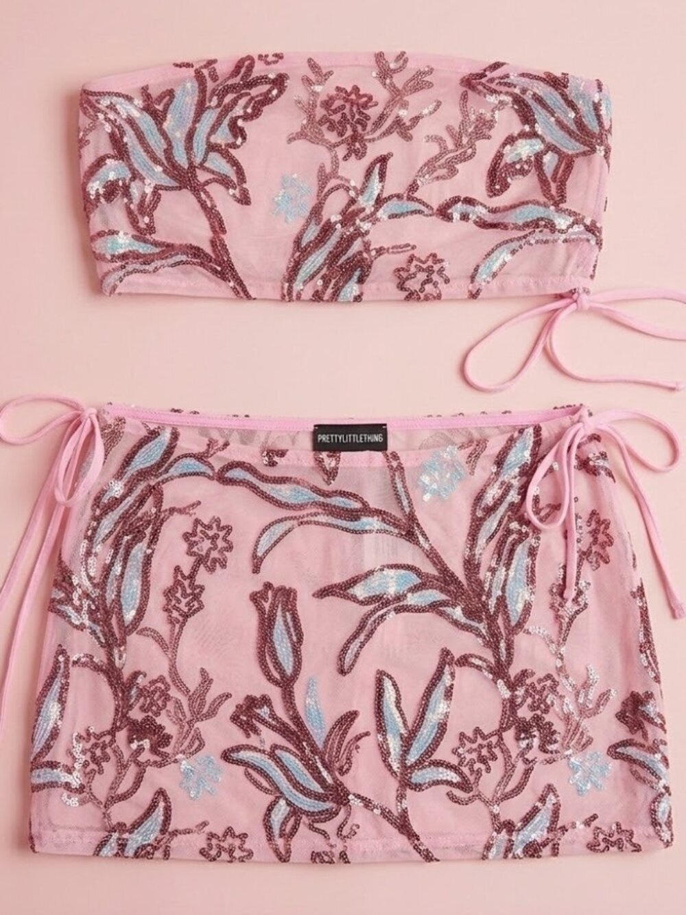 NWT PrettyLittleThing Pink Sequin Mesh Set